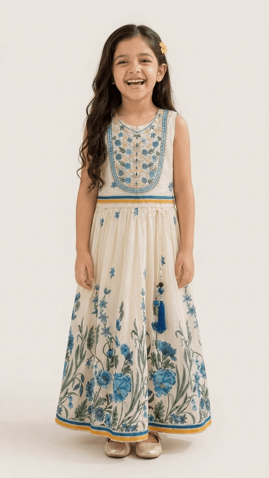 Girls Cream & Blue Floral Embroidered Ethnic Lehenga Gown | Kids Traditional Cotton Festive Wear Dress