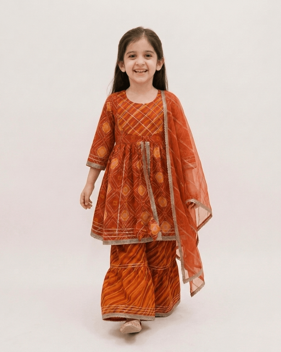 Girls Rust Orange Bandhani Print Peplum Kurti Sharara Set | Kids Gota Patti Traditional Festive Wear Suit with Dupatta