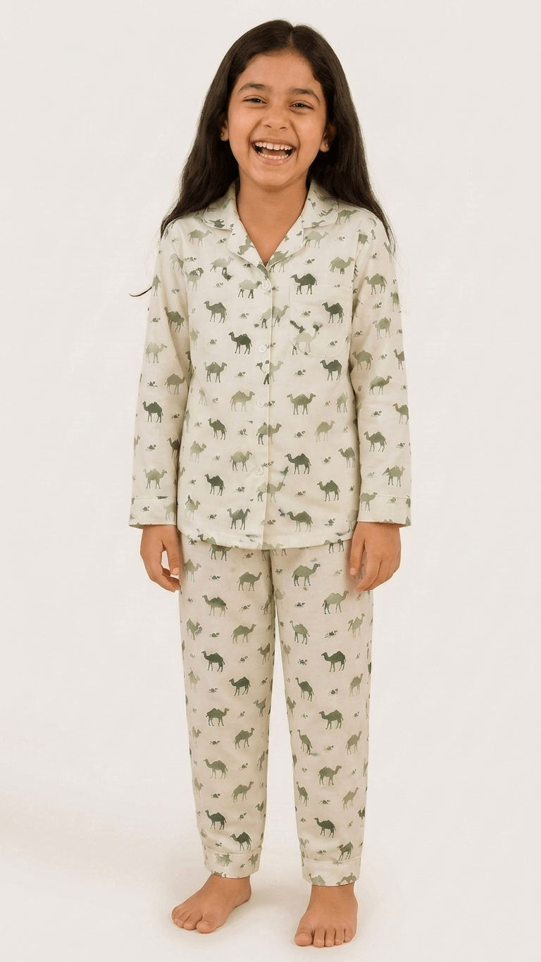 Satrangi House Kids 100% Pure Cotton Woven Full-Sleeve Olive Green Camel Print Night Suit Pajama Set with Travel Pouch