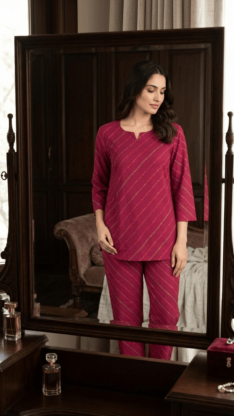 Women's Deep Pink Leheriya Cotton Lounge Set