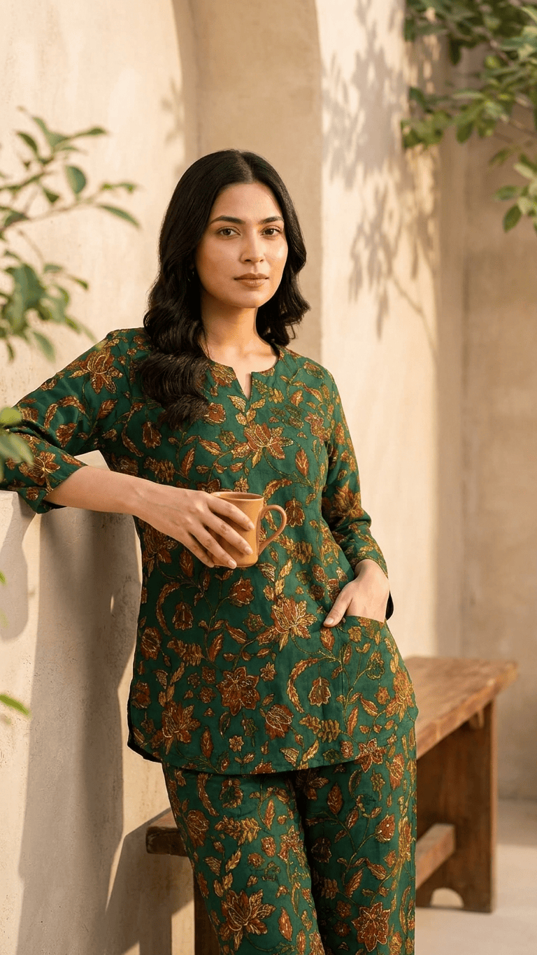 Women's Bottle Green Blossom Cotton Lounge Set