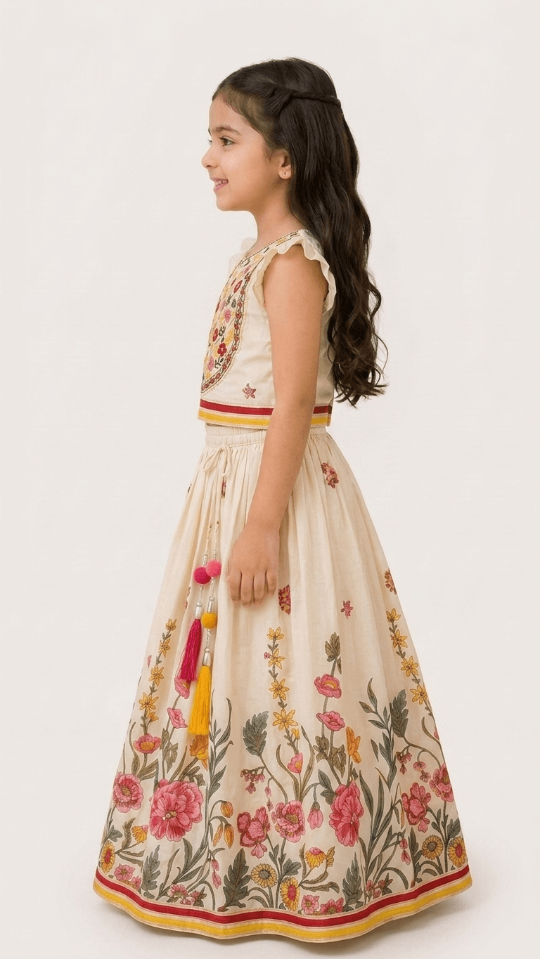 Girls Cream & Pink Floral Embroidered Lehenga Choli Set | Kids Flutter Sleeve Traditional Festive Wear Dress