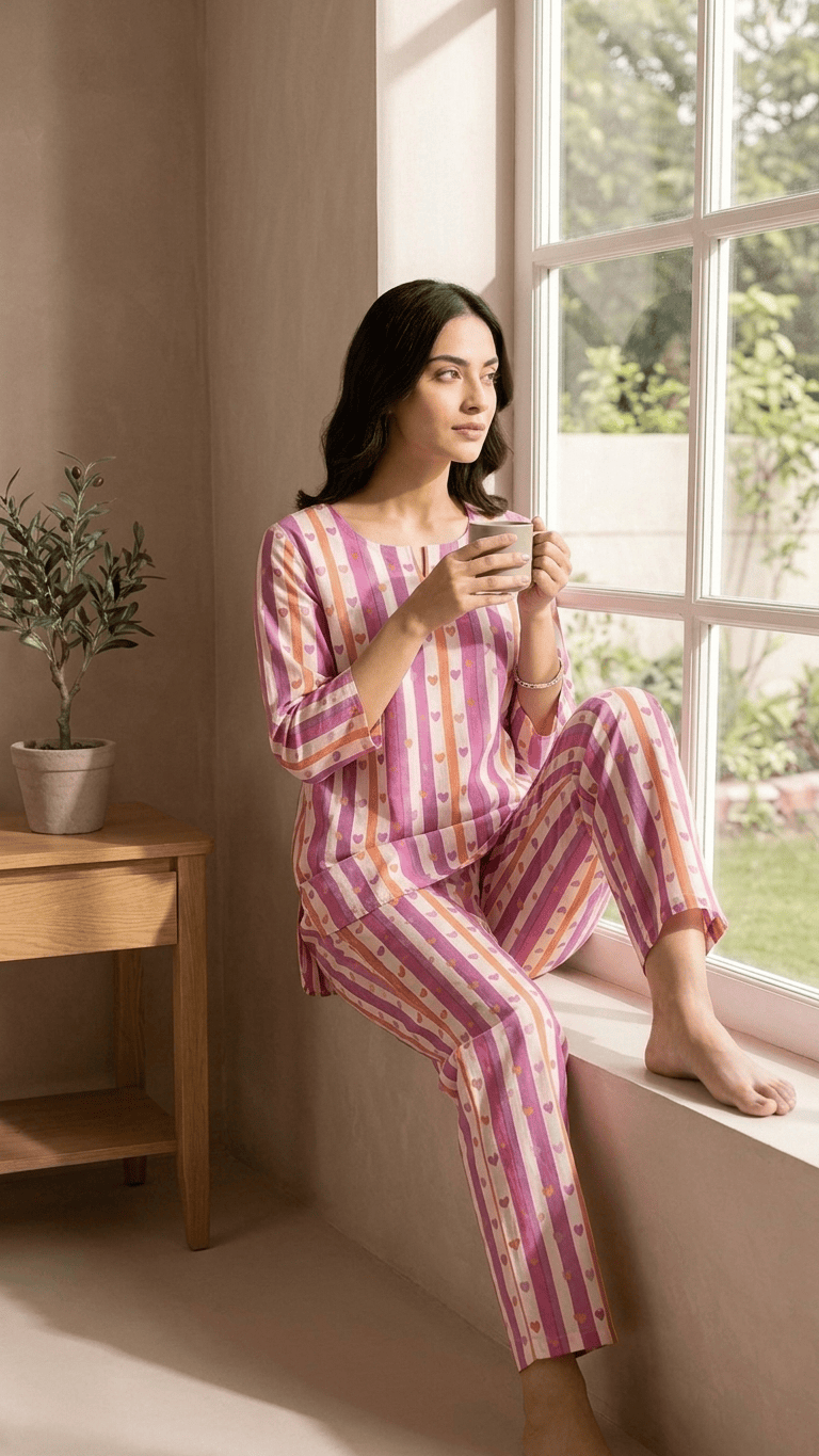 Women's Pink Heart Stripe Cotton Lounge Set