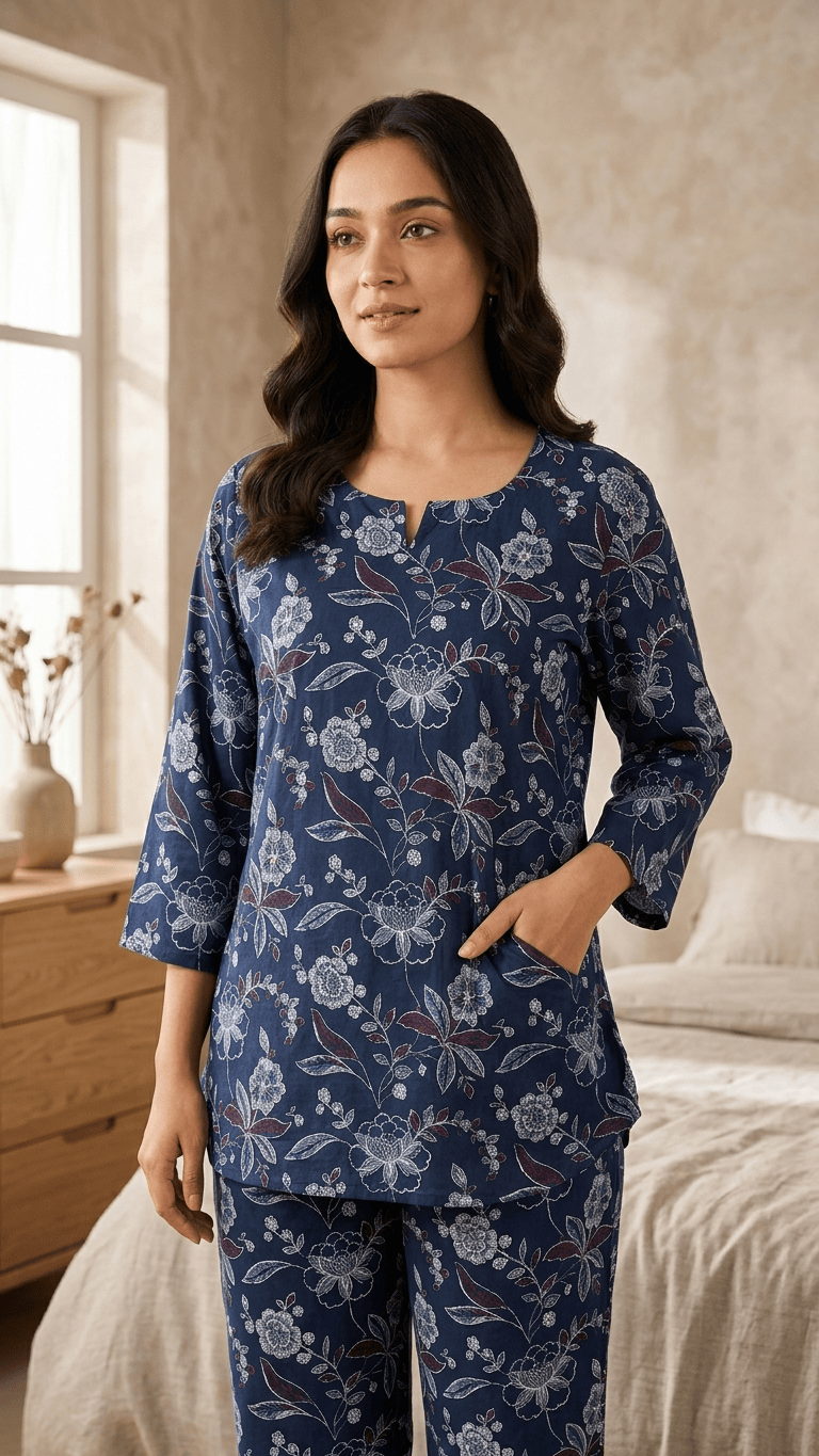 Women's Navy Blossom Cotton Lounge Set
