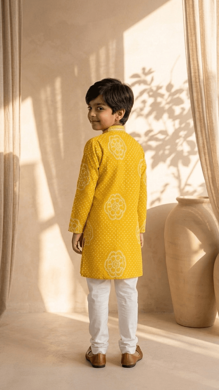 Brother Sister Matching Yellow Bandhani Festive Combo Set | Kids Haldi Lehenga Choli and Boys Kurta Pyjama Ethnic Suit