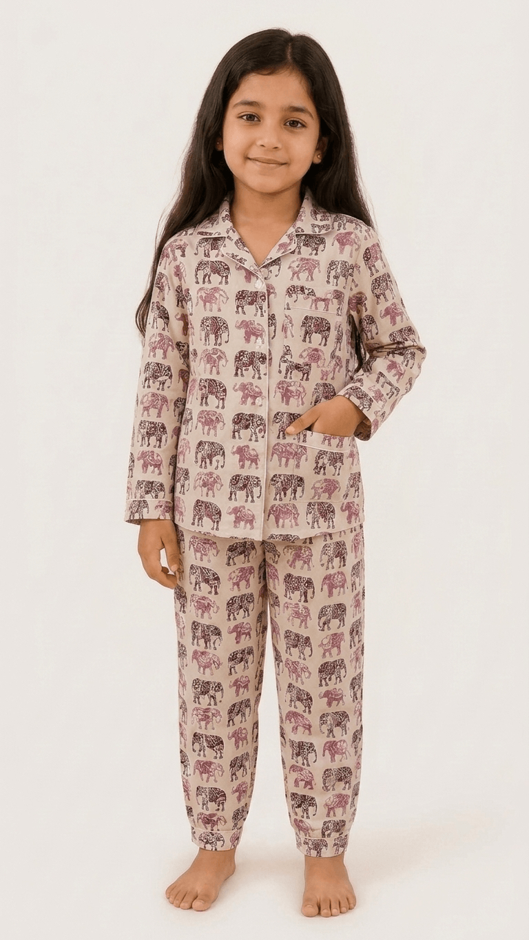 Satrangi House Kids 100% Pure Cotton Woven Full-Sleeve Maroon Elephant Print Night Suit Pajama Set with Travel Pouch - Grl-935