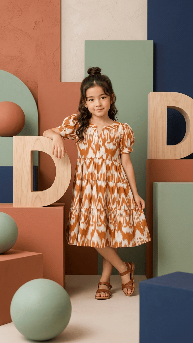 Tan Orange Ikat Tiered Cotton Frock
