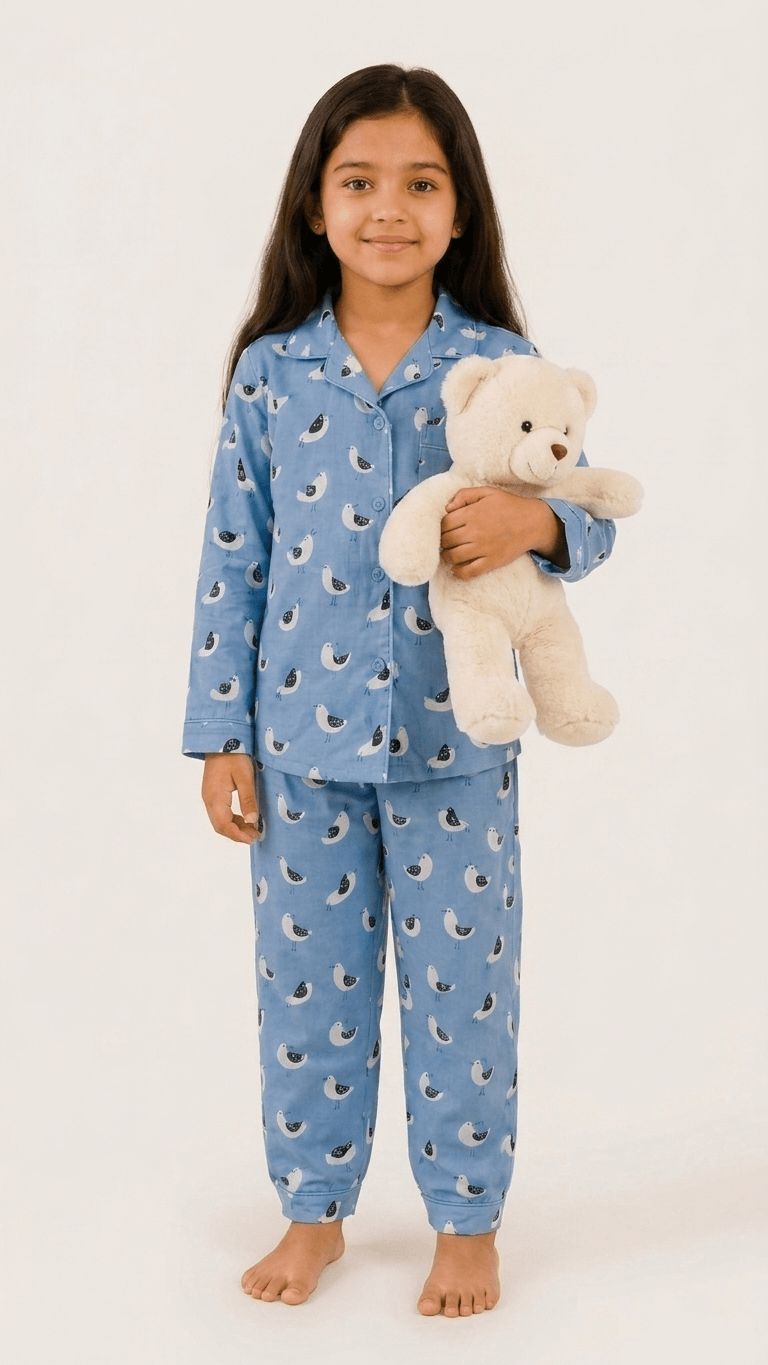 Satrangi House Kids 100% Pure Cotton Woven Full-Sleeve Slate Blue Bird Print Night Suit Pajama Set with Travel Pouch
