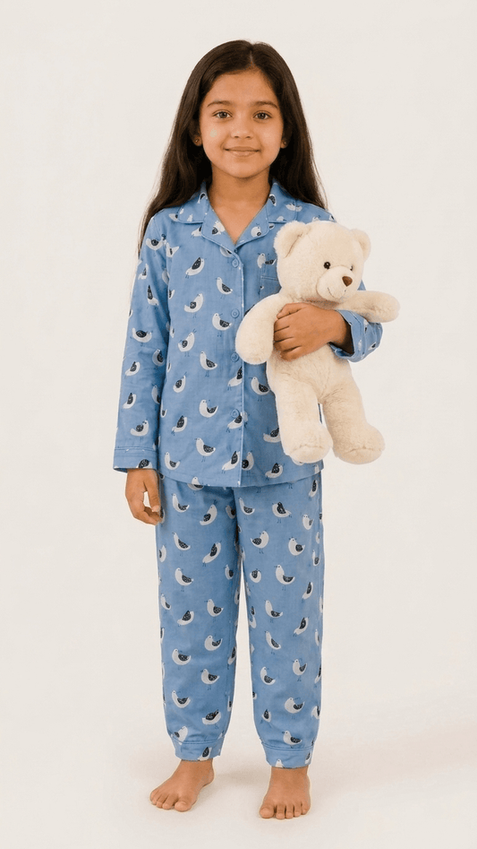 Satrangi House Kids 100% Pure Cotton Woven Full-Sleeve Slate Blue Bird Print Night Suit Pajama Set with Travel Pouch