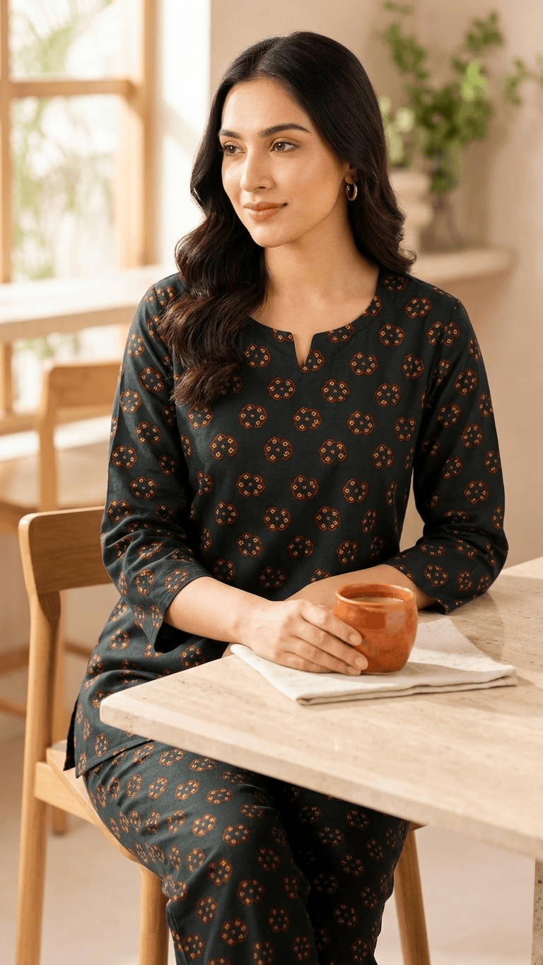 Women's Black Ajrakh Boota Cotton Lounge Set