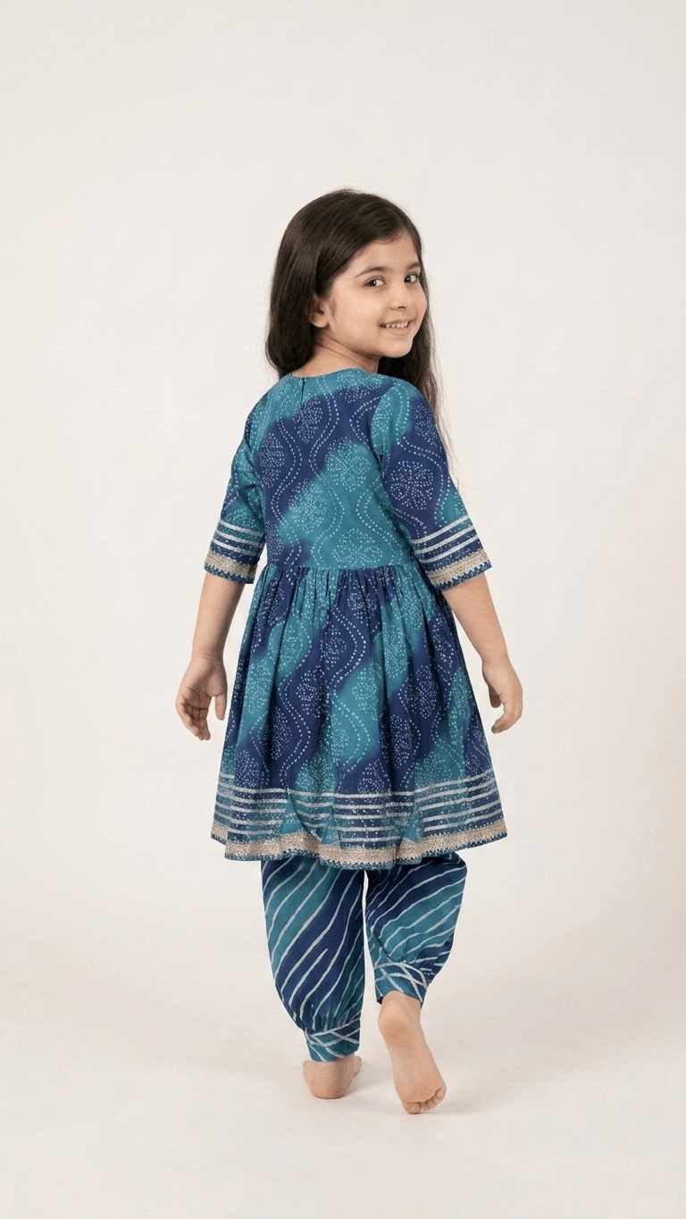 Girls Teal Blue Bandhani Print Kurti Sharara Set | Kids Gota Patti Work Traditional Salwar Kameez Suit
