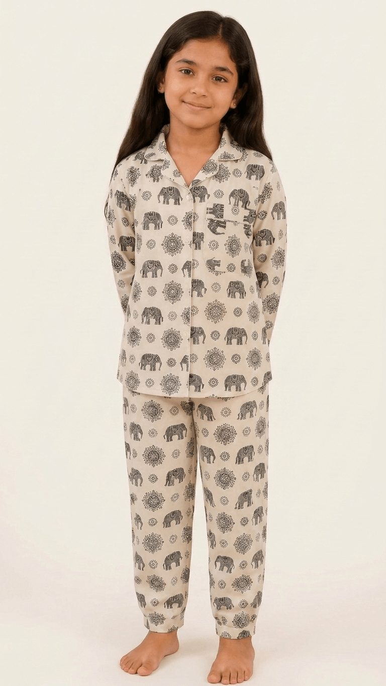 Satrangi House Kids 100% Pure Cotton Woven Full-Sleeve Black Mandala and Elephant Print Night Suit Pajama Set with Travel Pouch