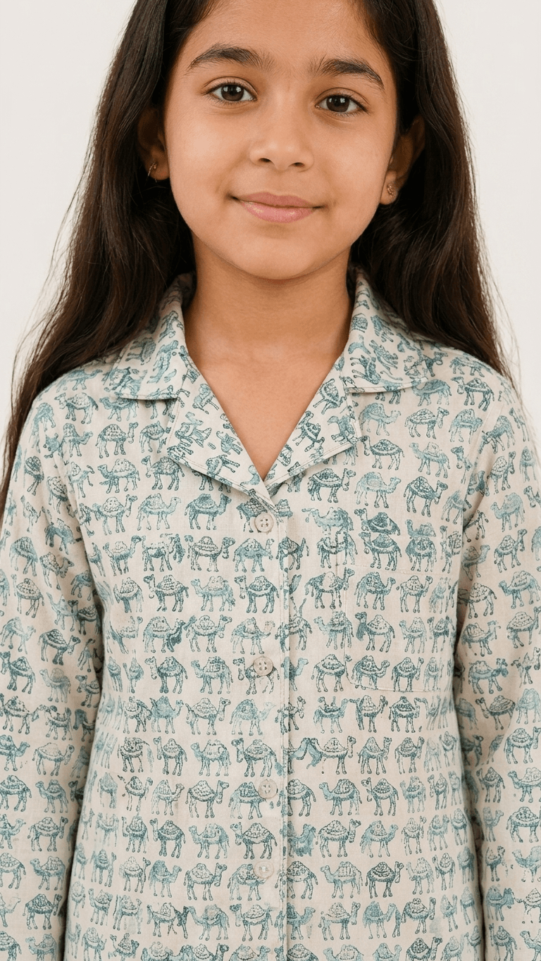 Satrangi House Kids 100% Pure Cotton Woven Full-Sleeve Teal Camel Print Night Suit Pajama Set with Travel Pouch