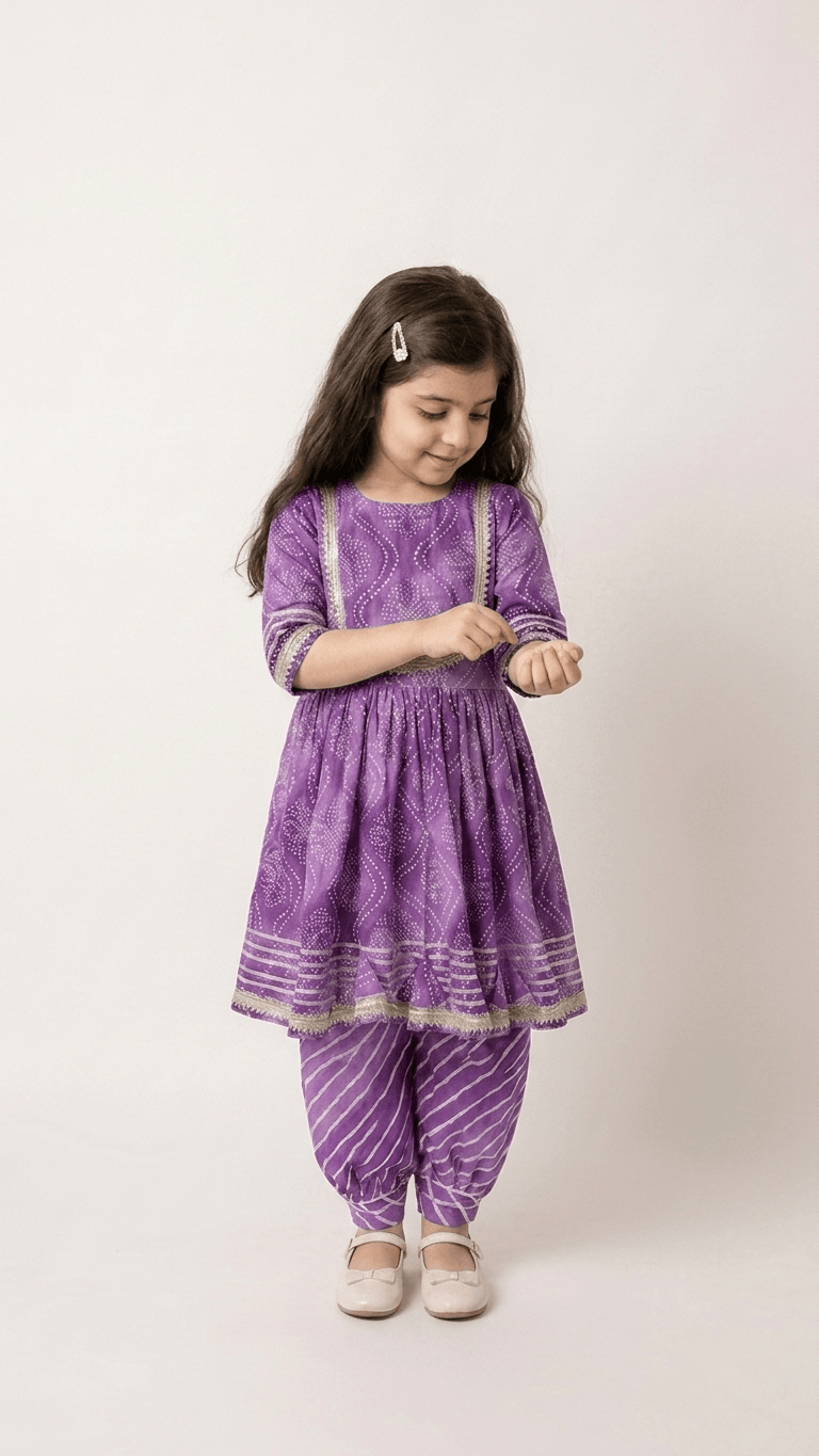 Girls Purple Bandhani Print Flared Kurti Dhoti Set | Kids Gota Patti Traditional Anarkali Salwar Kameez Suit