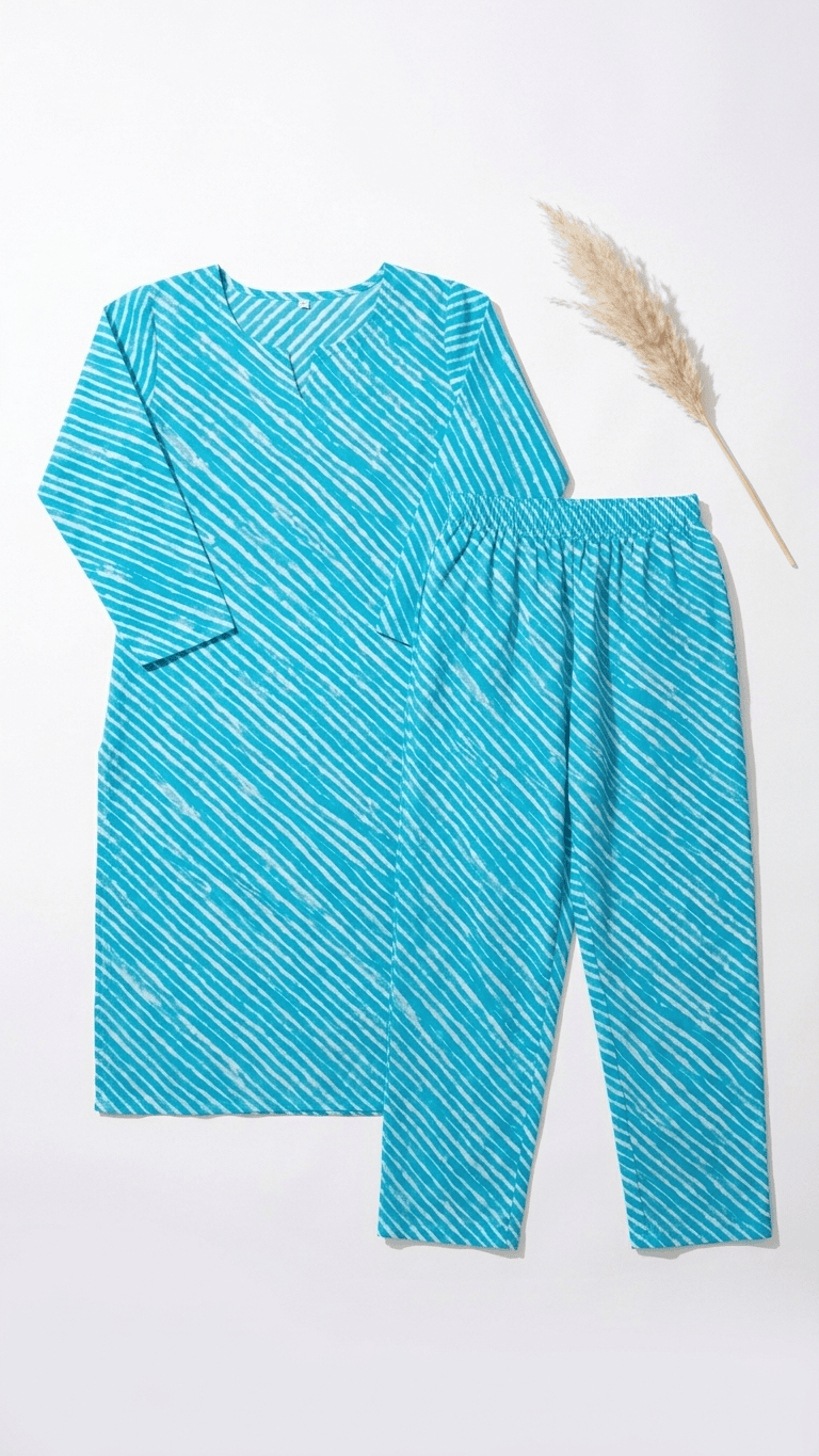 Women's Turquoise Leheriya Cotton Lounge Set