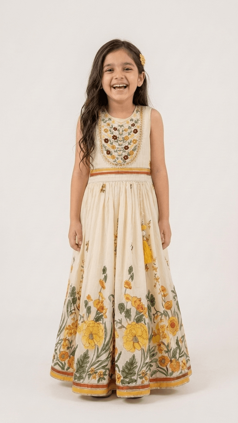 Girls Cream Floral Embroidered Ethnic Lehenga Gown Set | Kids Cotton Traditional Festive Wear Dress