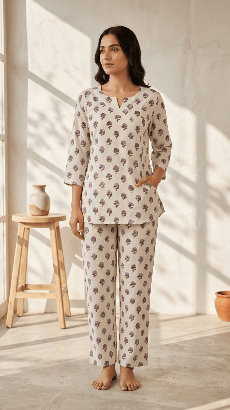 Women's Ivory Mauve Boota Cotton Lounge Set