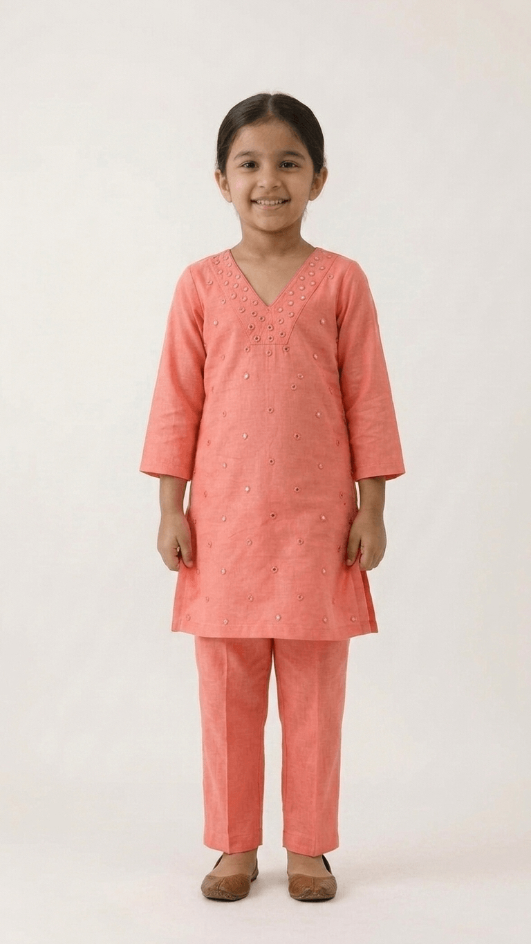 Girls Peach Mirror Work Kurta Pant Set | Kids Traditional Cotton Straight Kurti Trousers Festive Wear