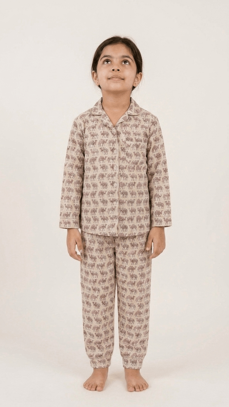 satrangi house Kids 100% Pure Cotton Woven Full-Sleeve Mauve Camel Print Night Suit Pajama Set with Travel Pouch