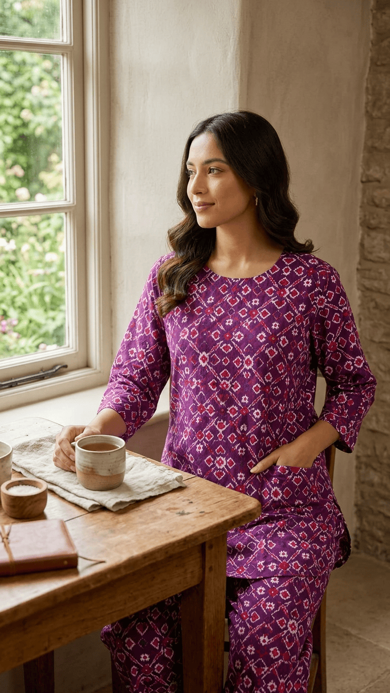 Women's Plum Purple Ikat Cotton Lounge Set