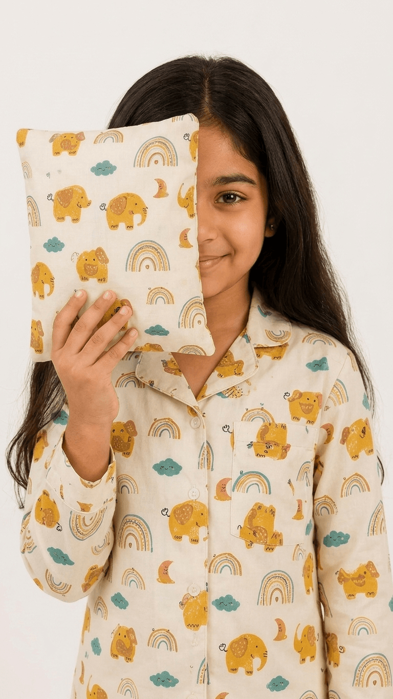 Satrangi House Kids 100% Pure Cotton Woven Full-Sleeve Yellow Elephant and Rainbow Print Night Suit Pajama Set with Travel Pouch