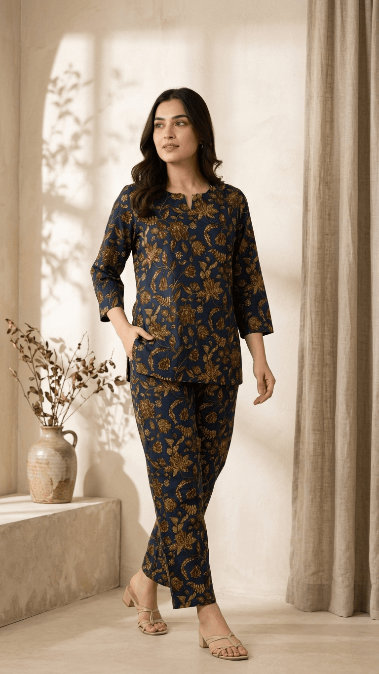 Women's Navy Gold Kalamkari Cotton Lounge Set