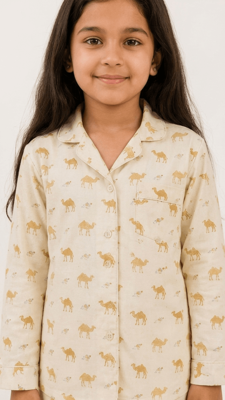 Satrangi House Kids 100% Pure Cotton Woven Full-Sleeve Mustard Yellow Camel Print Night Suit Pajama Set with Travel Pouch