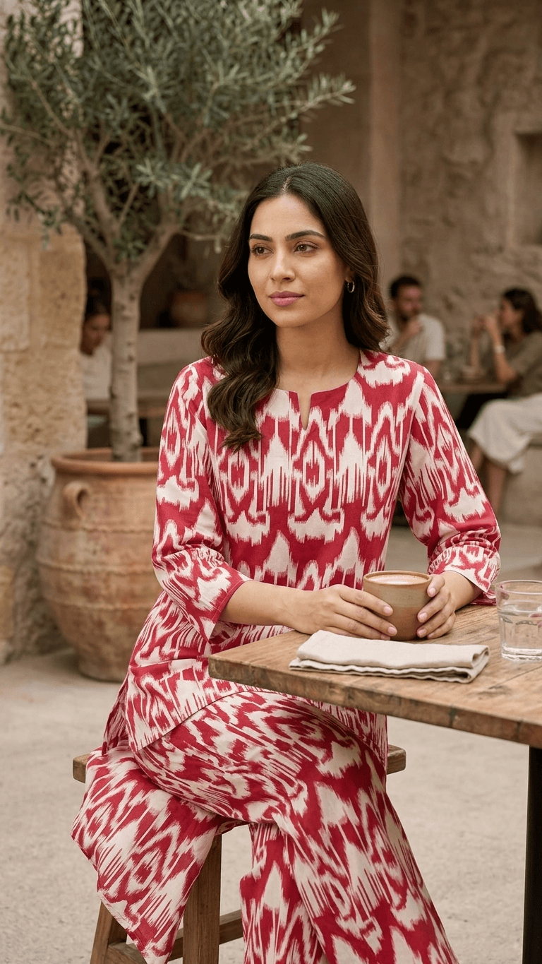 Women's Crimson Red Ikat Cotton Lounge Set