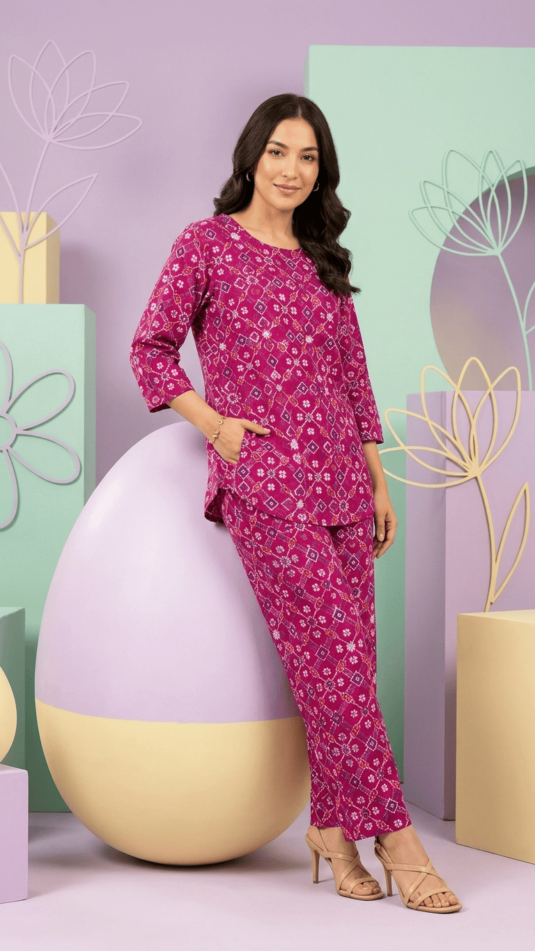 Women's Magenta Patola Cotton Lounge Set