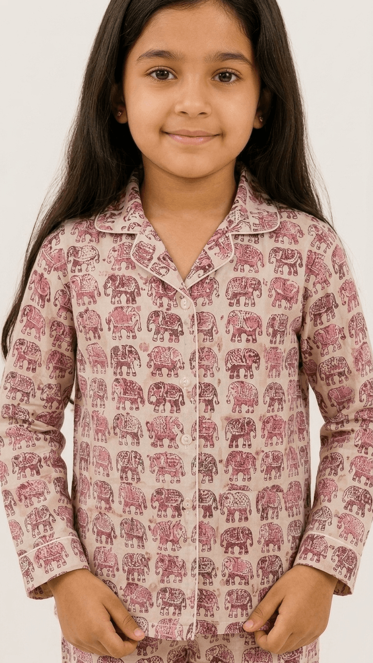Satrangi House Kids 100% Pure Cotton Woven Full-Sleeve Pink Elephant Print Night Suit Pajama Set with Travel Pouch