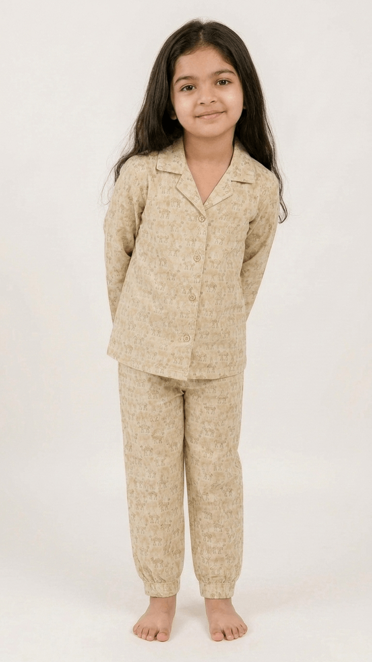 Satrangi House Unisex Kids 100% Cotton Woven Full-Sleeve Camel Print Night Suit Pajama Set with Travel Pouch - Beige