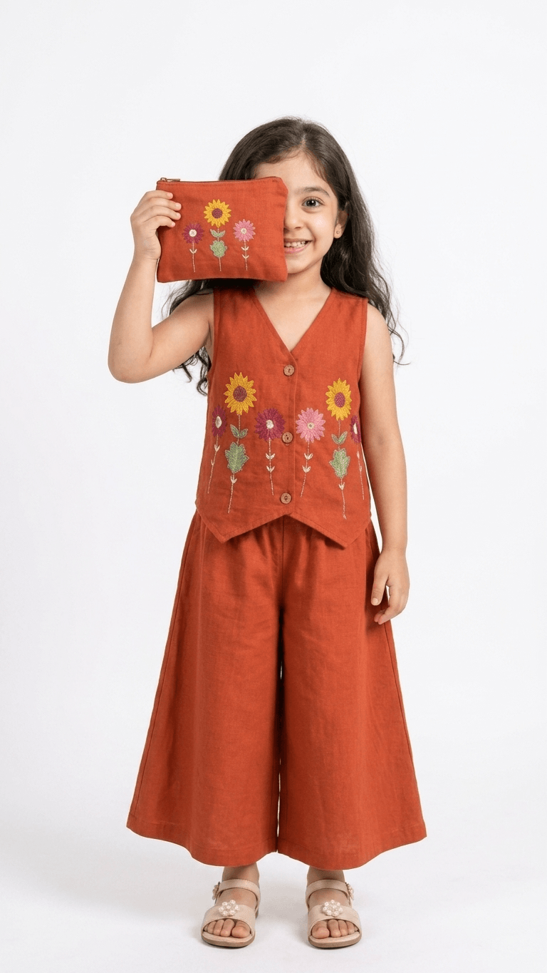 Girls Rust Orange Embroidered Waistcoat and Palazzo Co-Ord Set | Kids Indo-Western Casual Festive Fusion Dress