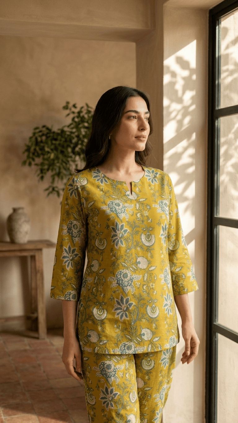 Women's Mustard Green Floral Cotton Lounge Set