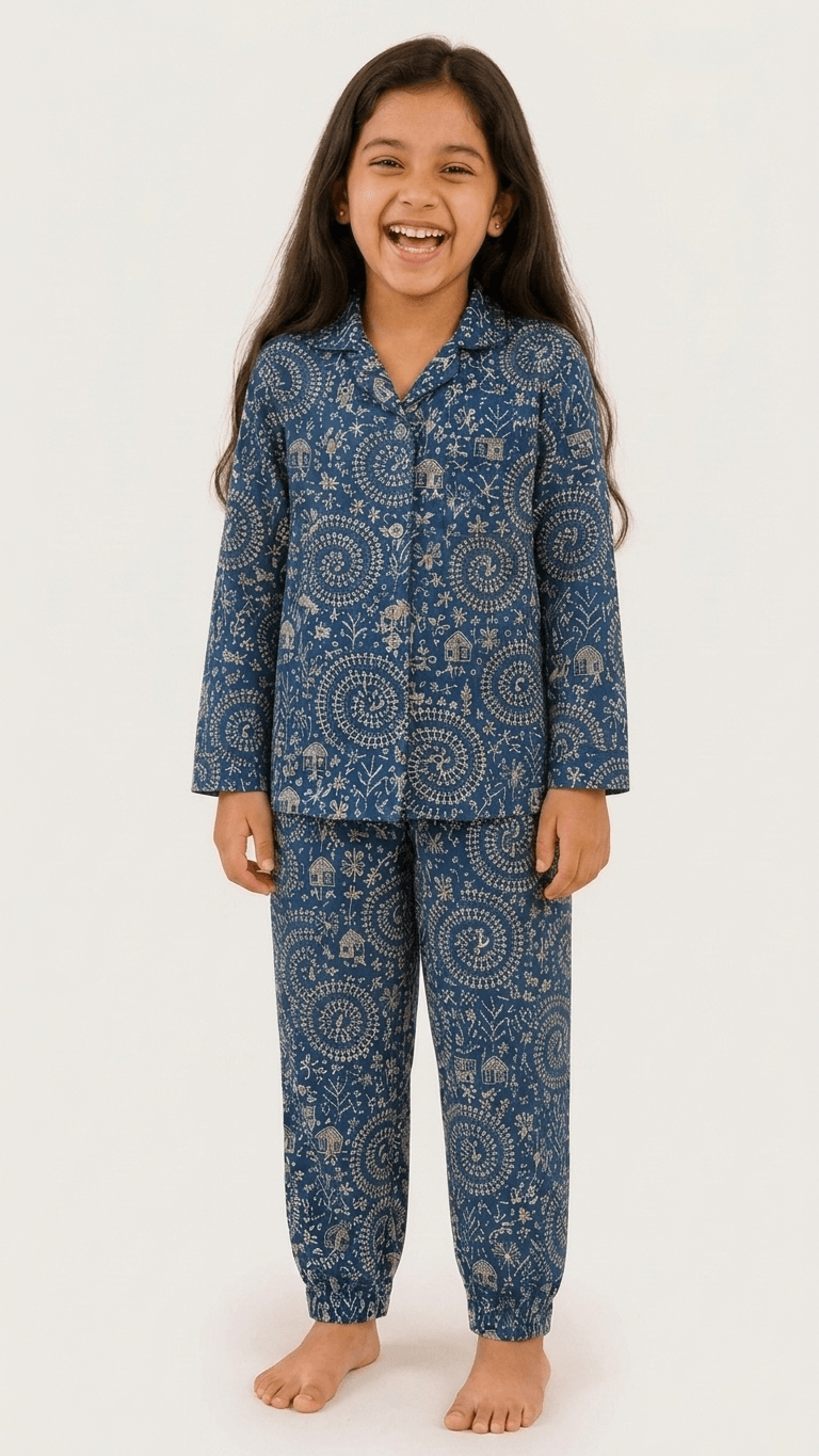 Satrangi House Kids 100% Pure Cotton Woven Full-Sleeve Indigo Blue Warli and Mandala Print Night Suit Pajama Set with Travel Pouch