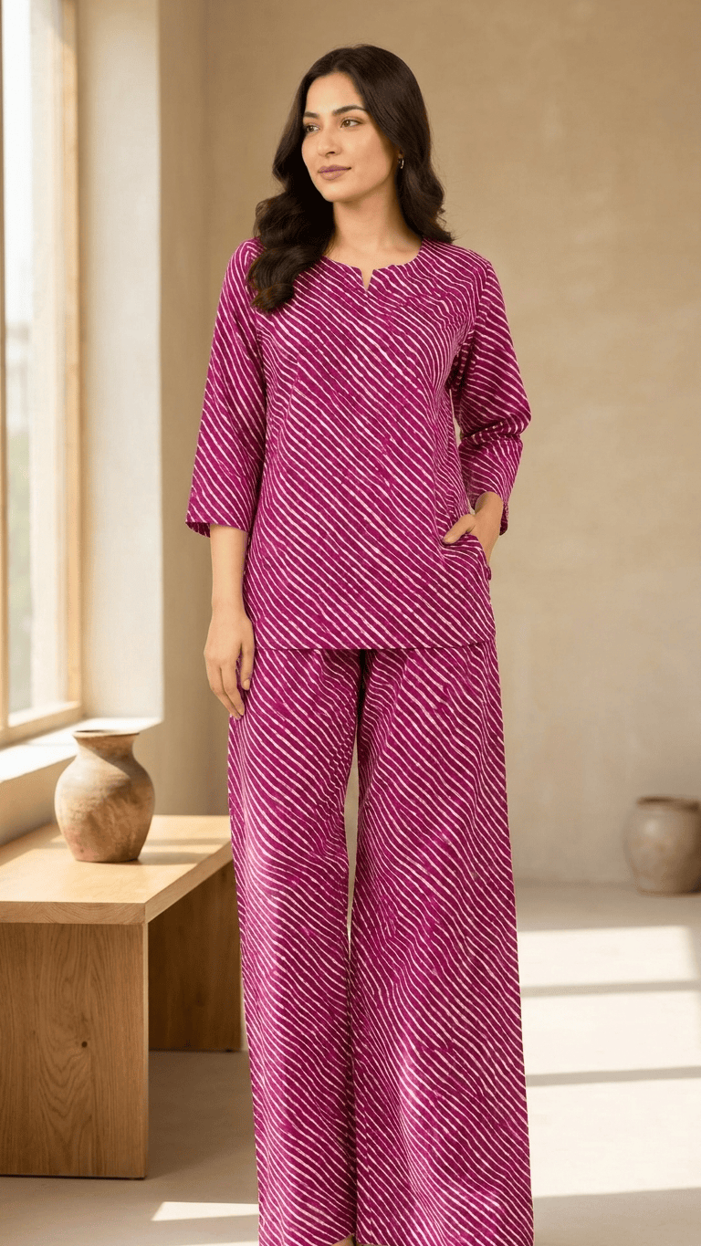 Women's Magenta Purple Leheriya Cotton Lounge Set