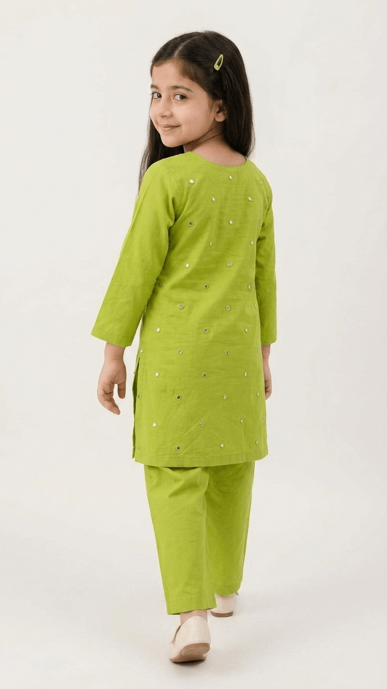 Girls Lime Green Mirror Work Kurta Pant Set | Kids Traditional Cotton Straight Kurti Trousers Festive Wear