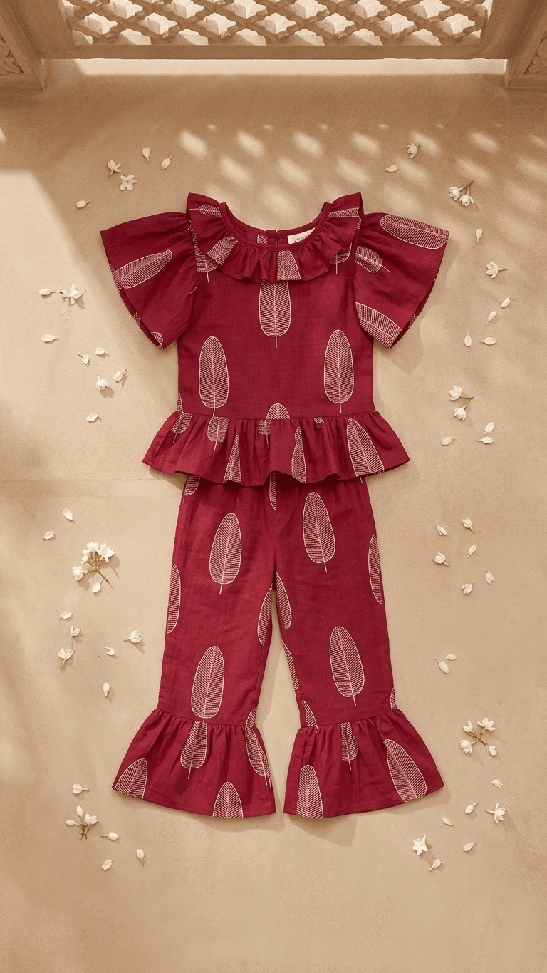 Maroon Leaf Frilled Peplum & Ruffle Pant Set