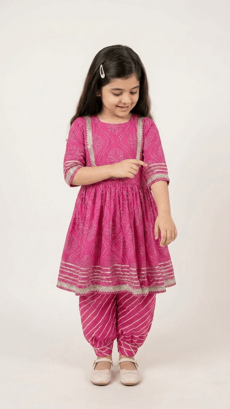 Girls Rani Pink Bandhani Print Kurti Sharara Set | Kids Gota Patti Work Traditional Salwar Kameez Suit