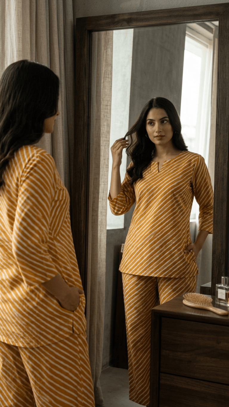 Women's Mustard Leheriya Cotton Lounge Set