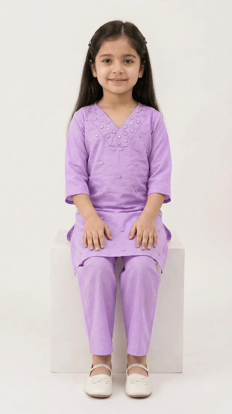 Girls Lavender Mirror Work Kurta Pant Set | Kids Traditional Cotton Straight Kurti Trousers Festive Wear