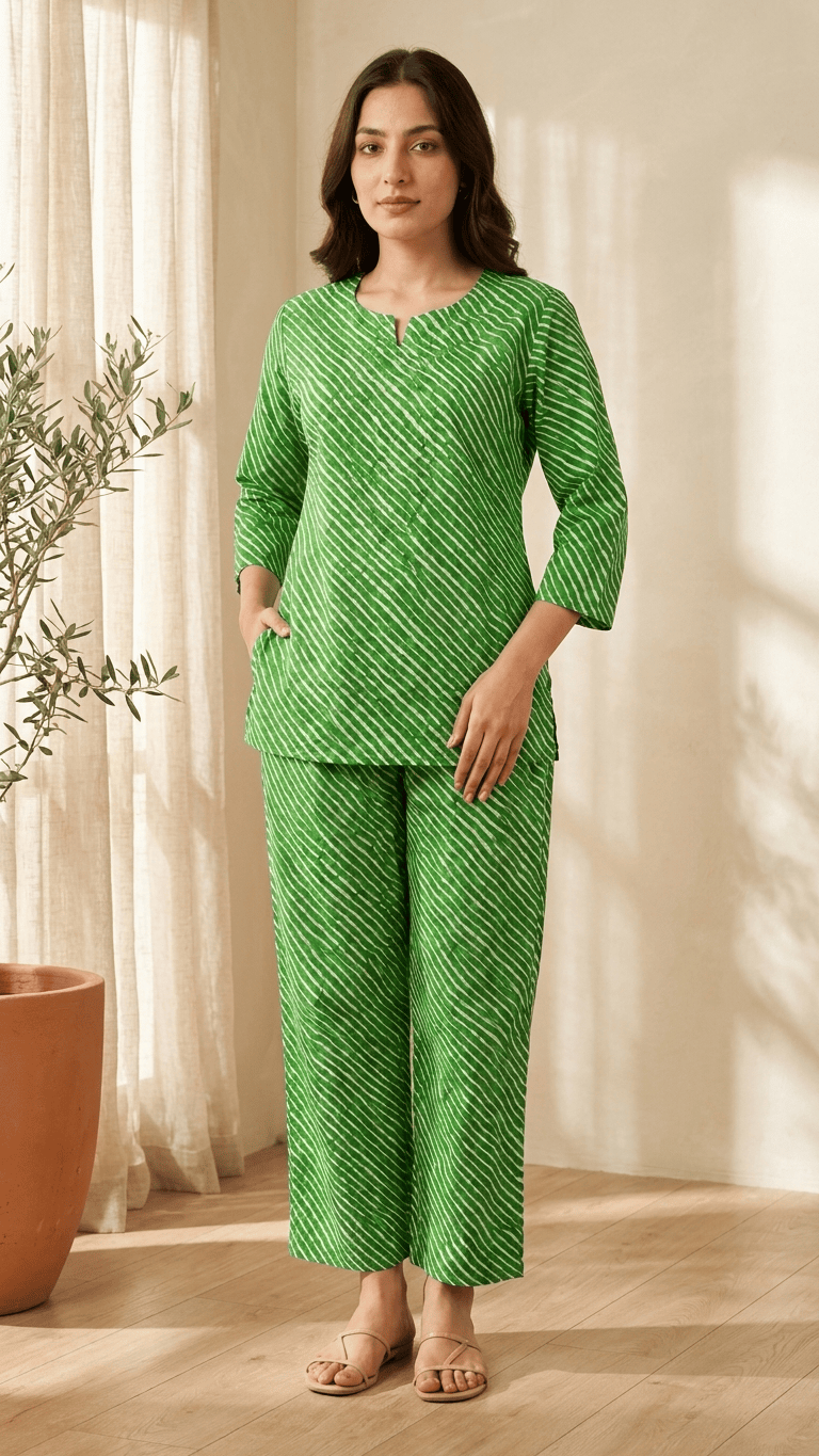Women's Lime Green Leheriya Cotton Lounge Set