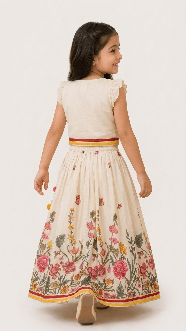 Girls Cream & Pink Floral Embroidered Lehenga Choli Set | Kids Flutter Sleeve Traditional Festive Wear Dress