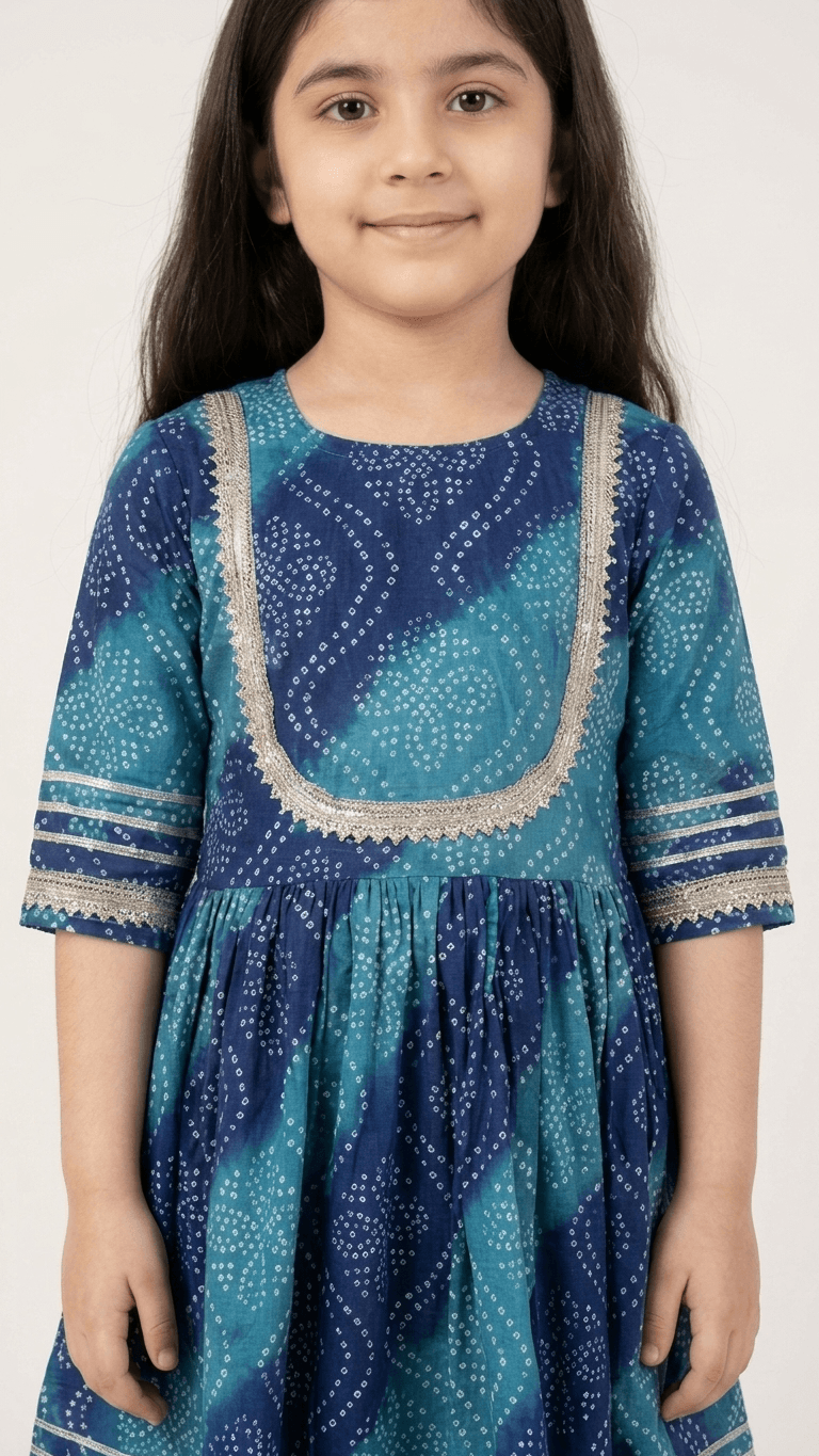 Girls Teal Blue Bandhani Print Kurti Sharara Set | Kids Gota Patti Work Traditional Salwar Kameez Suit