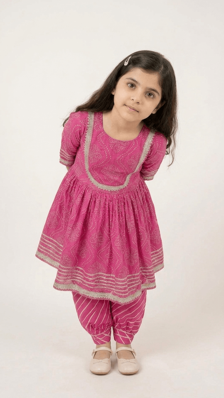 Girls Rani Pink Bandhani Print Kurti Sharara Set | Kids Gota Patti Work Traditional Salwar Kameez Suit