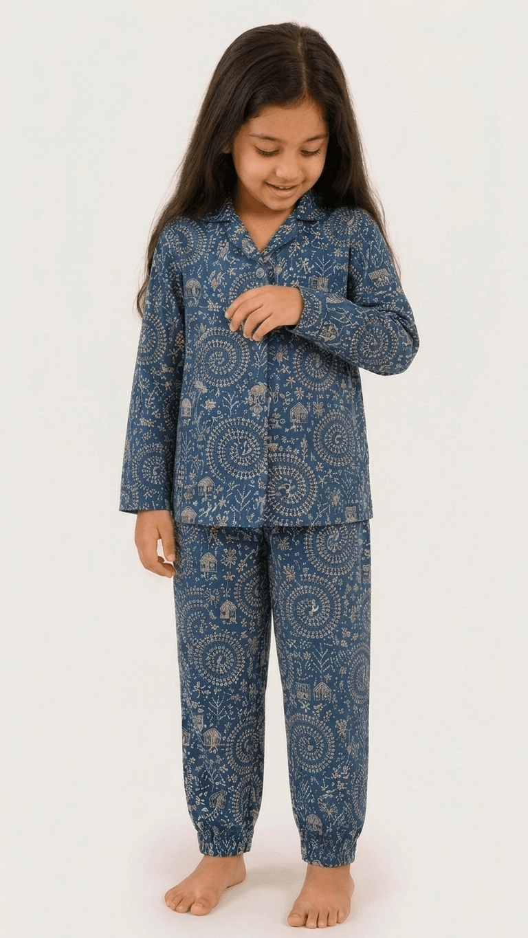 Satrangi House Kids 100% Pure Cotton Woven Full-Sleeve Indigo Blue Warli and Mandala Print Night Suit Pajama Set with Travel Pouch