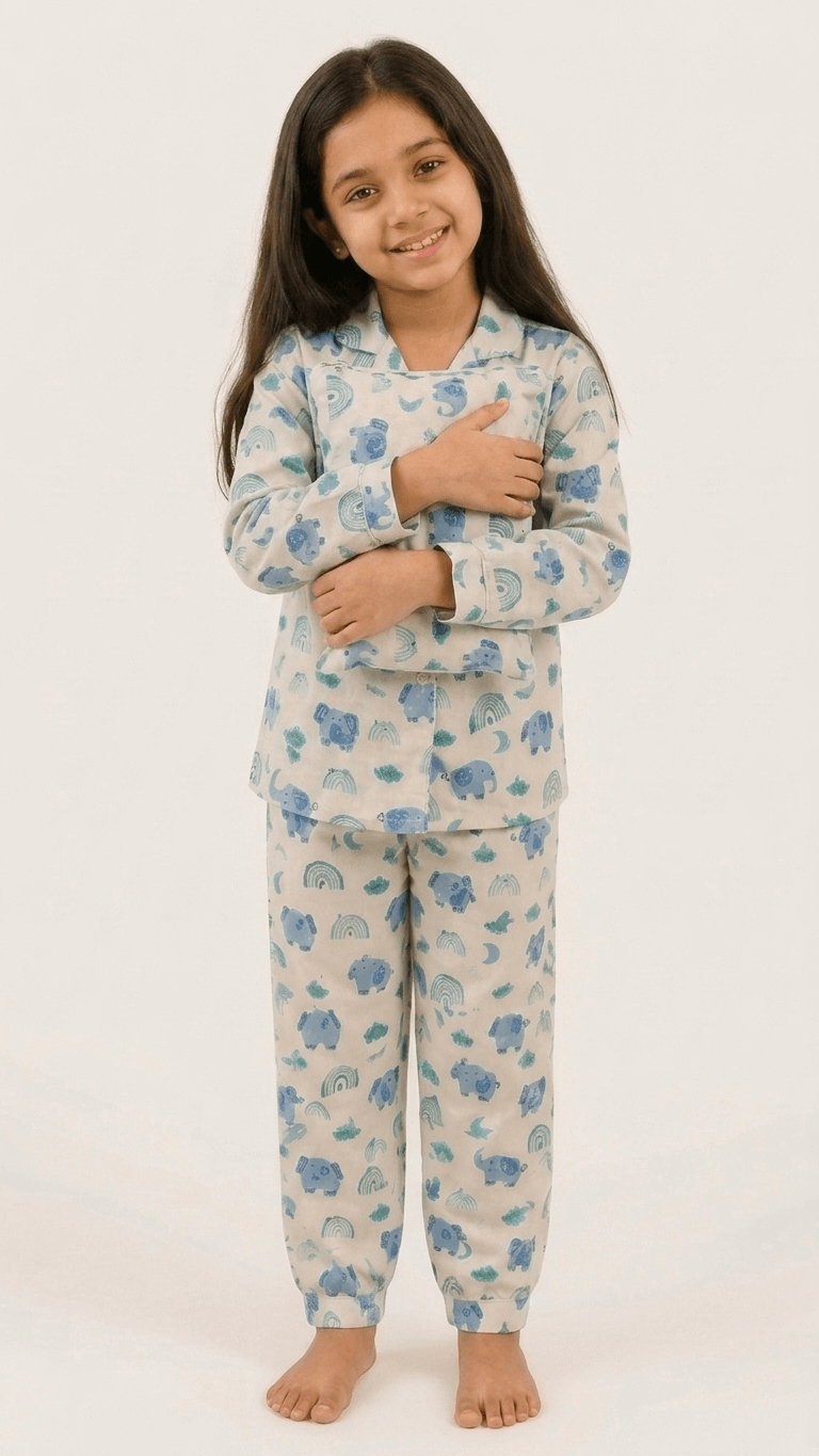 Satrangi House  Kids 100% Pure Cotton Woven Full-Sleeve Blue Elephant and Rainbow Print Night Suit Pajama Set with Travel Pouch