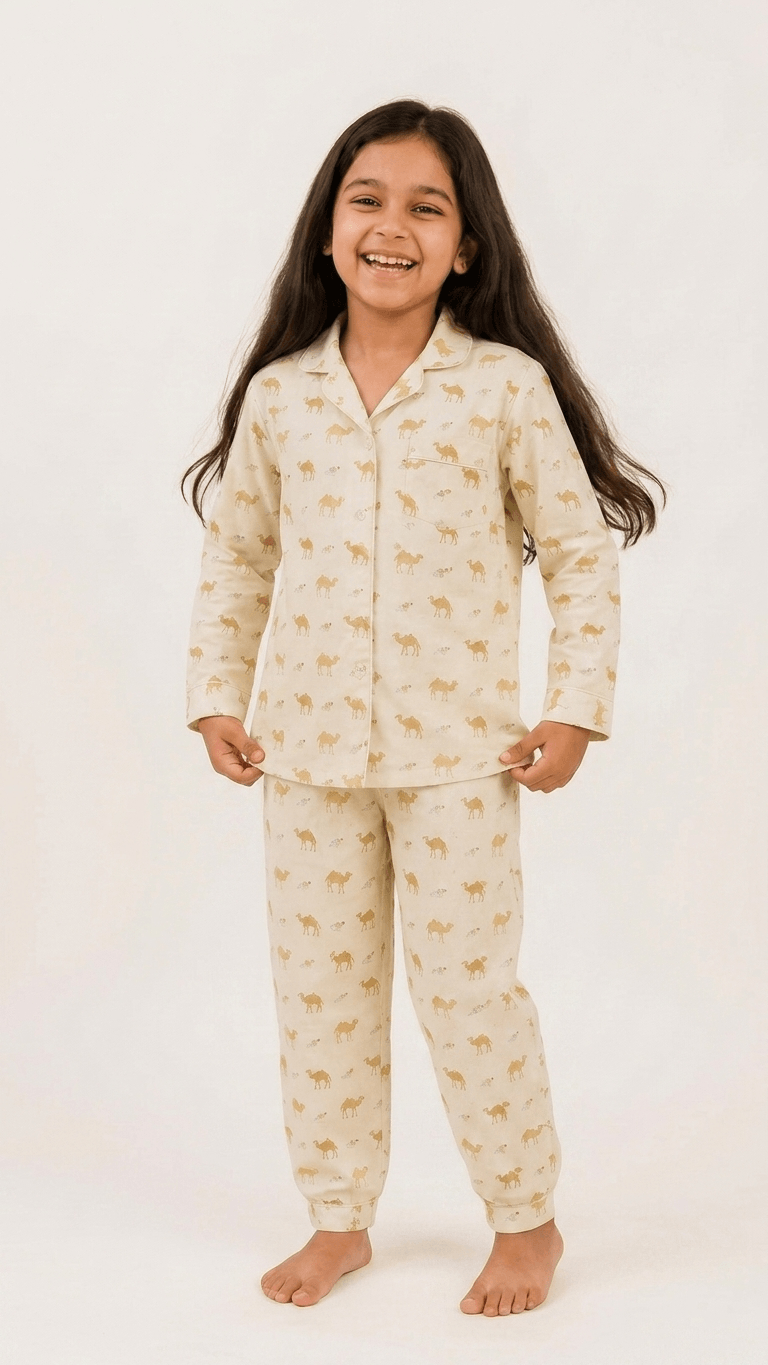 Satrangi House Kids 100% Pure Cotton Woven Full-Sleeve Mustard Yellow Camel Print Night Suit Pajama Set with Travel Pouch
