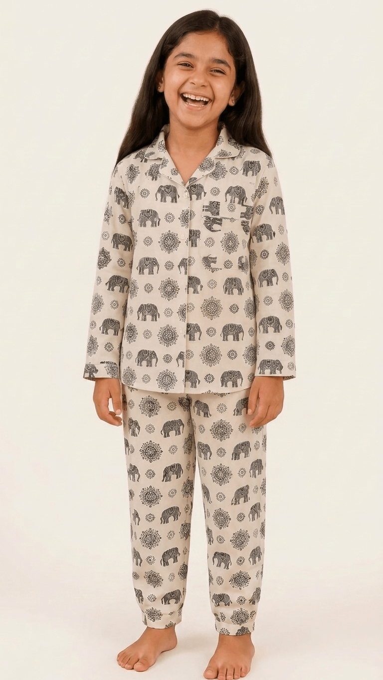 Satrangi House Kids 100% Pure Cotton Woven Full-Sleeve Black Mandala and Elephant Print Night Suit Pajama Set with Travel Pouch