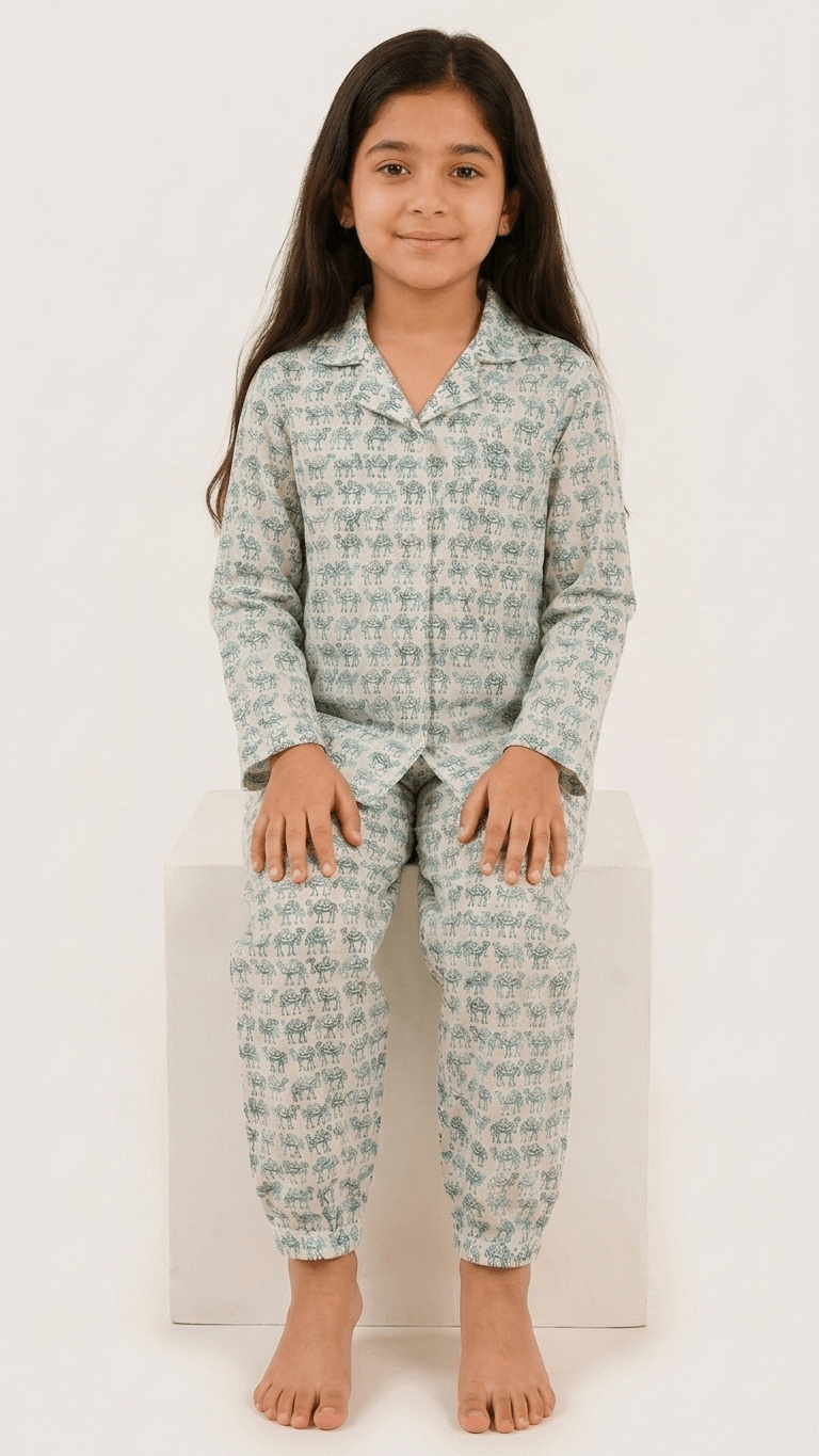 Satrangi House Kids 100% Pure Cotton Woven Full-Sleeve Teal Camel Print Night Suit Pajama Set with Travel Pouch
