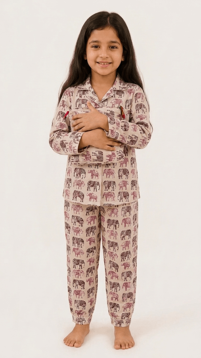 Satrangi House Kids 100% Pure Cotton Woven Full-Sleeve Maroon Elephant Print Night Suit Pajama Set with Travel Pouch - Grl-935